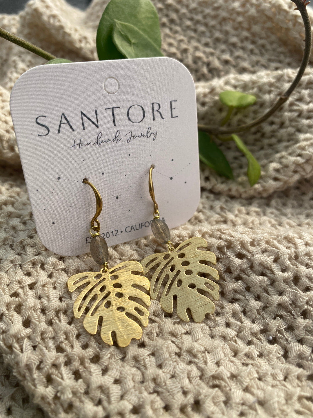 Brushed Monstera Leaf Earrings with Labradorite
