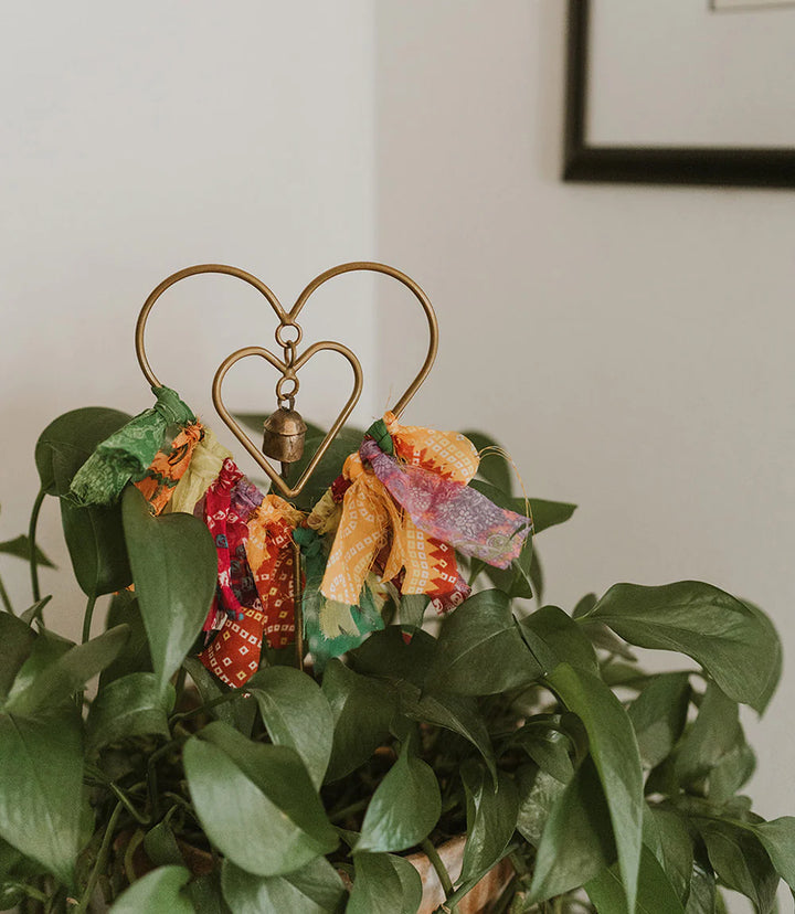 Swapna Heart Bell Garden Stake Upcycled Sari - Garden Decor