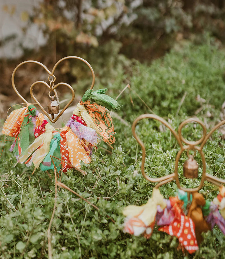 Swapna Heart Bell Garden Stake Upcycled Sari - Garden Decor